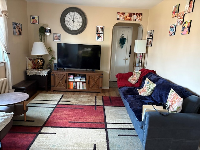 living room featuring arched walkways and wood finished floors