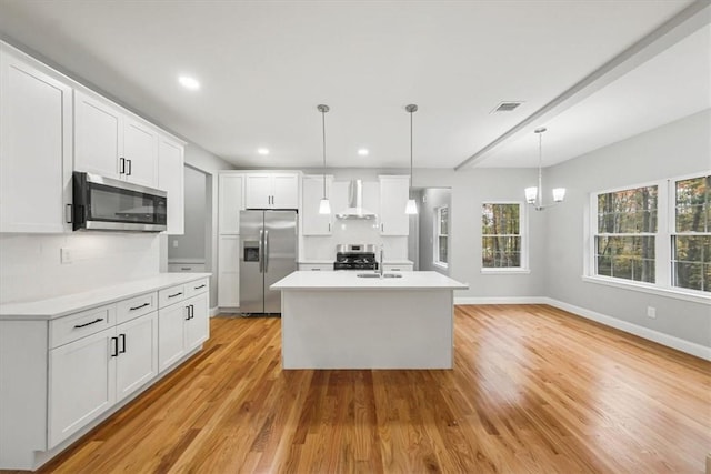 kitchen featuring stainless steel appliances, light countertops, decorative light fixtures, and white cabinets