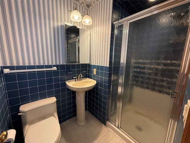 515 Corey Creek Ln, Southold, NY 11971 - bathroom with tile patterned floors, wallpapered walls, and a shower stall