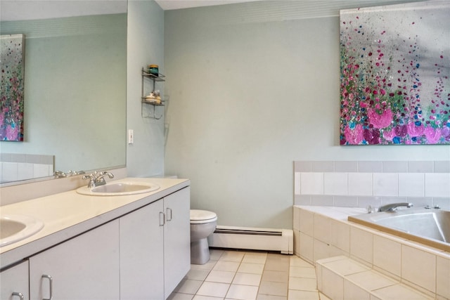 bathroom with double vanity, a relaxing tiled tub, a baseboard radiator, tile patterned flooring, and a sink