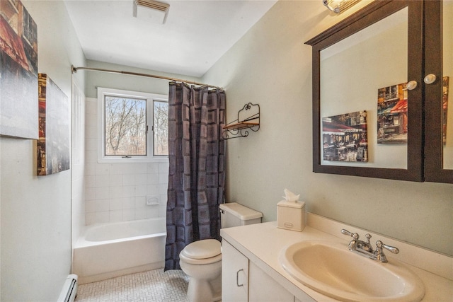 full bath featuring tile patterned flooring, toilet, vanity, visible vents, and shower / bath combo with shower curtain