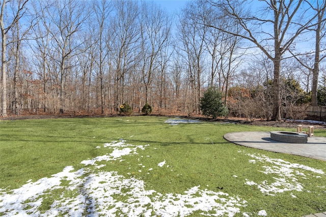 view of yard with a fire pit and a patio