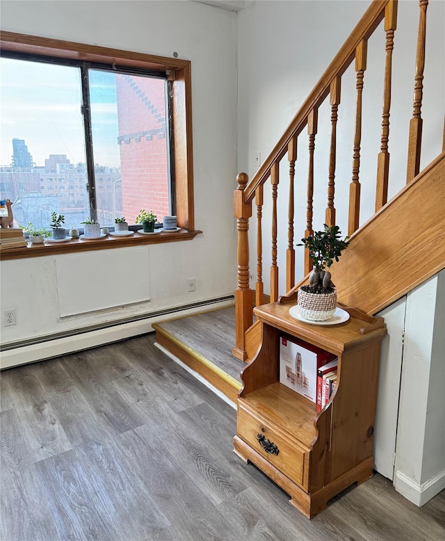 entryway with a baseboard radiator, a city view, and wood finished floors