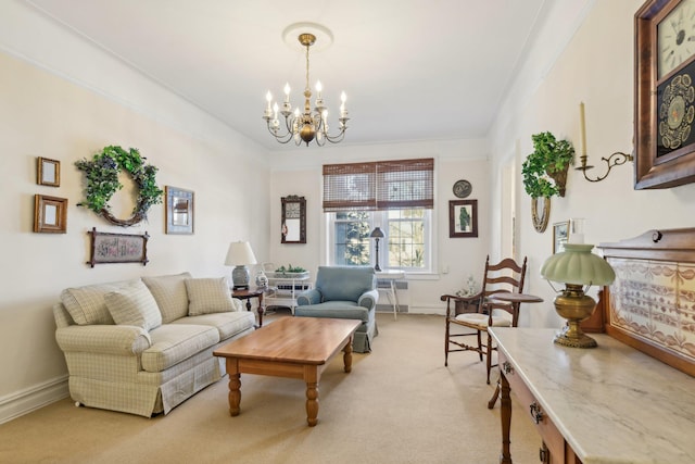 living room featuring light carpet, baseboards, and a notable chandelier