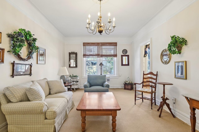 living room featuring crown molding, baseboards, a notable chandelier, and light colored carpet