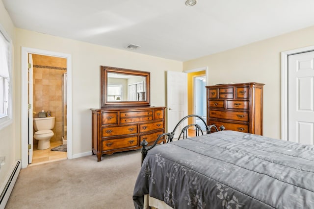 carpeted bedroom with a baseboard heating unit, baseboards, visible vents, and ensuite bath