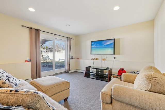 carpeted living room featuring a baseboard heating unit, baseboard heating, and recessed lighting