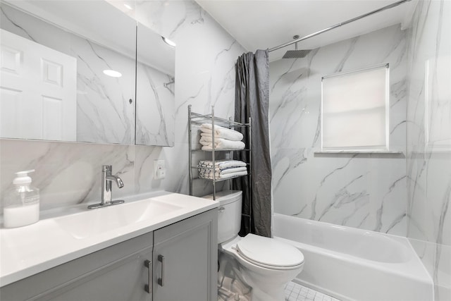 bathroom featuring shower / tub combo with curtain, tile walls, decorative backsplash, toilet, and vanity