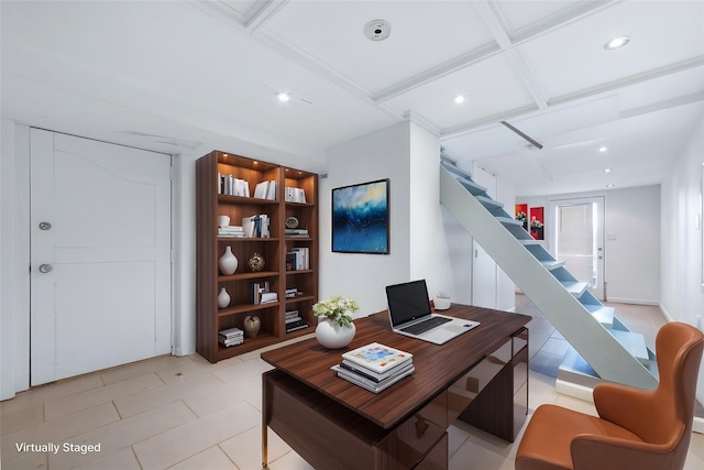 office space featuring coffered ceiling and recessed lighting