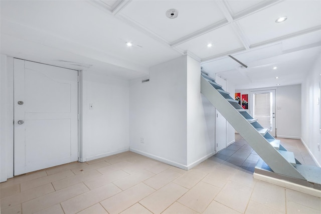 unfurnished room featuring light tile patterned floors, recessed lighting, visible vents, baseboards, and stairway