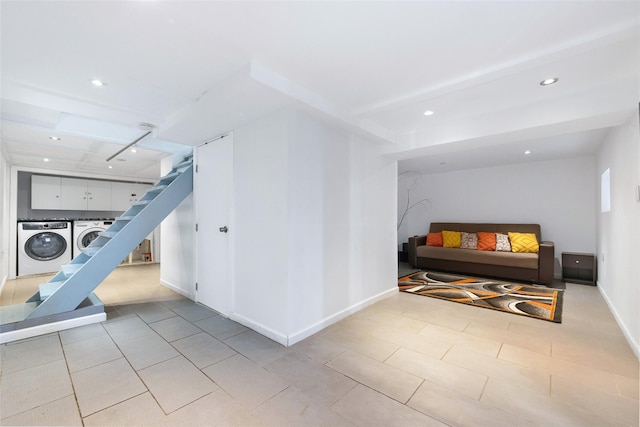 interior space with baseboards, washing machine and dryer, and recessed lighting