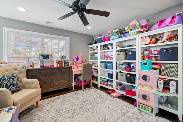 rec room featuring recessed lighting, visible vents, ceiling fan, and wood finished floors