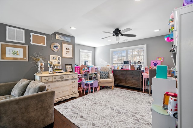 bedroom with recessed lighting, visible vents, and ceiling fan