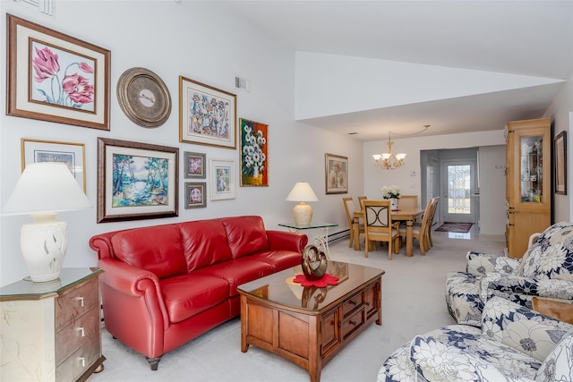 living area featuring visible vents, light colored carpet, lofted ceiling, a baseboard radiator, and a notable chandelier