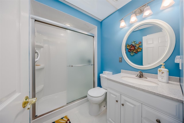 full bath with toilet, a shower stall, tile patterned flooring, and vanity