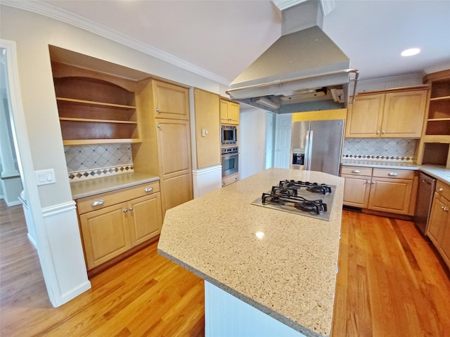 kitchen featuring light stone counters, island range hood, stainless steel appliances, a kitchen island, and open shelves