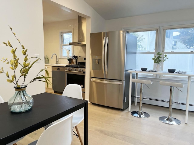 kitchen with stainless steel appliances, light countertops, light wood-style floors, a sink, and wall chimney exhaust hood