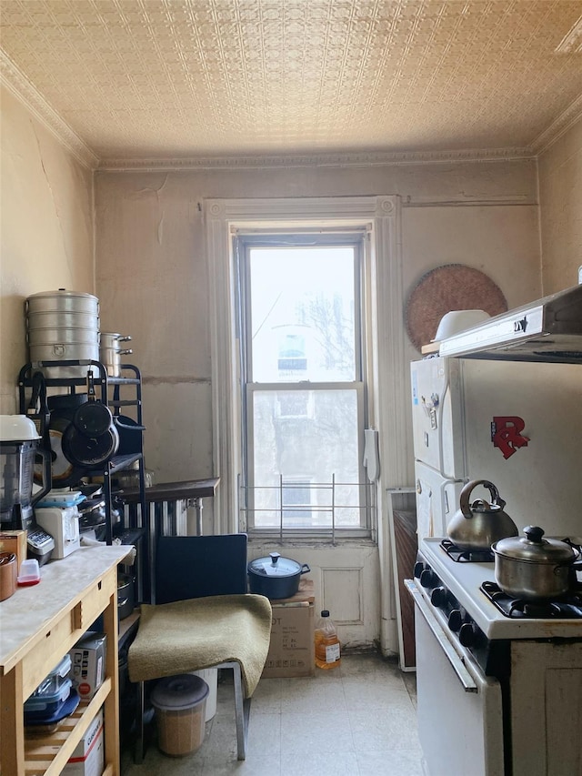 kitchen featuring under cabinet range hood, white appliances, an ornate ceiling, and crown molding