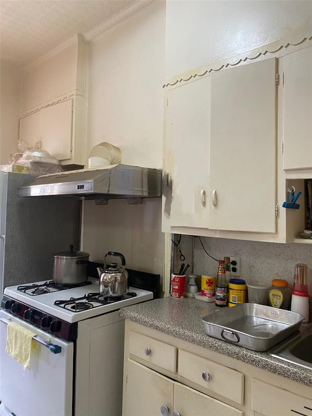 kitchen with white gas range oven and under cabinet range hood