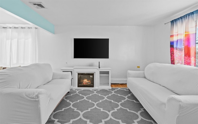 living room featuring a glass covered fireplace, visible vents, and wood finished floors