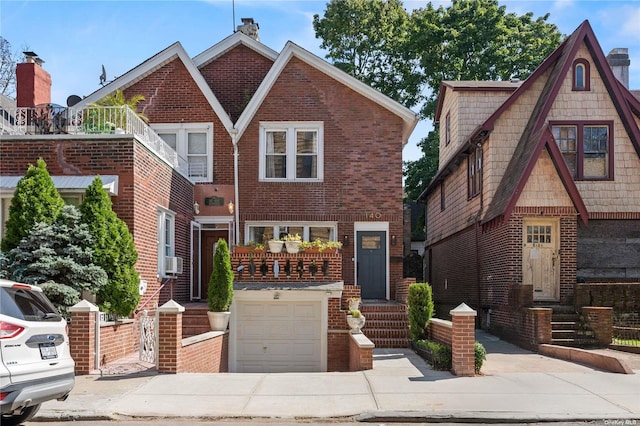 view of front facade featuring cooling unit, brick siding, driveway, and an attached garage