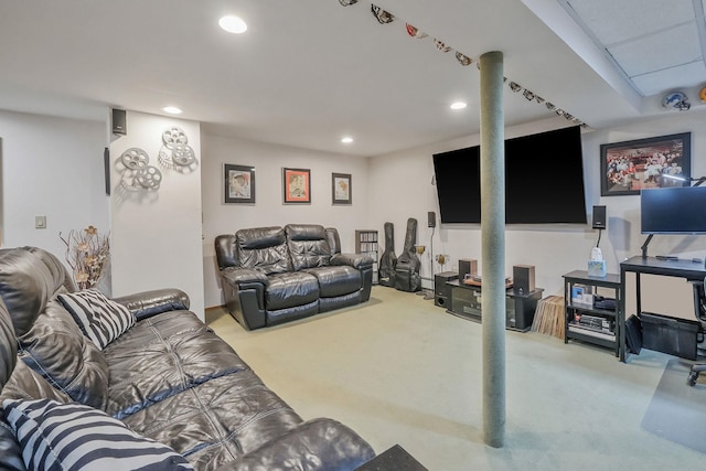 carpeted living room with recessed lighting