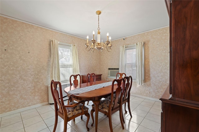 dining space featuring light tile patterned floors, ornamental molding, a chandelier, baseboards, and wallpapered walls