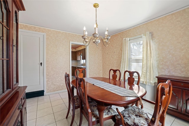 dining area featuring light tile patterned flooring and wallpapered walls