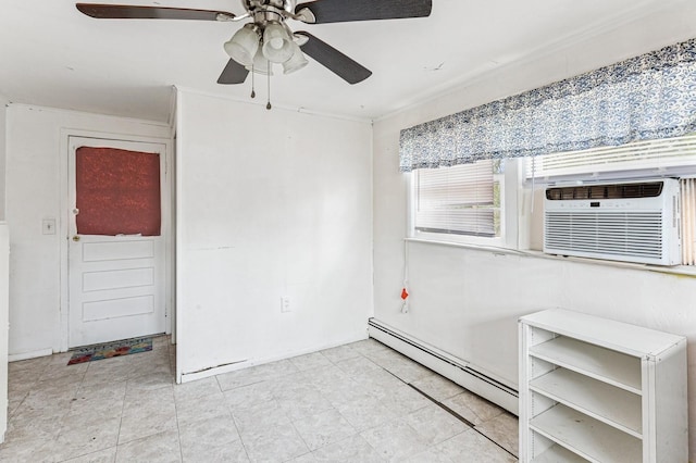 unfurnished bedroom featuring a baseboard heating unit, cooling unit, and a ceiling fan