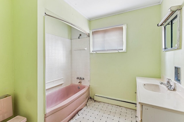 bathroom featuring a baseboard radiator, vanity,  shower combination, tile patterned floors, and crown molding