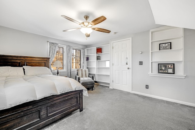 bedroom featuring carpet, ceiling fan, and baseboards