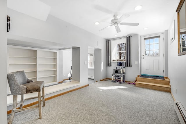 sitting room featuring recessed lighting, baseboards, carpet flooring, and baseboard heating