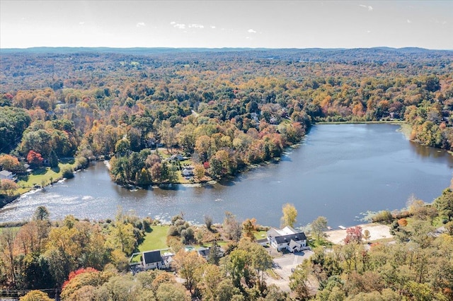 birds eye view of property with a water view and a view of trees