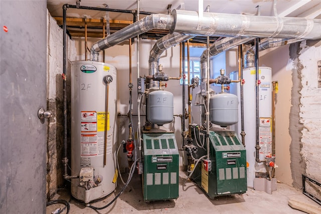 utility room with water heater and a heating unit