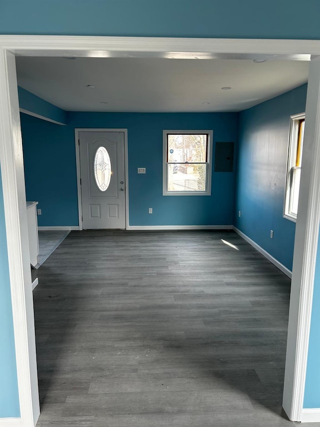 foyer entrance with baseboards and wood finished floors