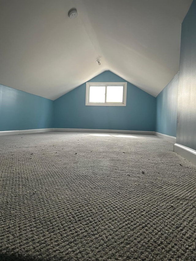 additional living space with carpet floors, lofted ceiling, and baseboards