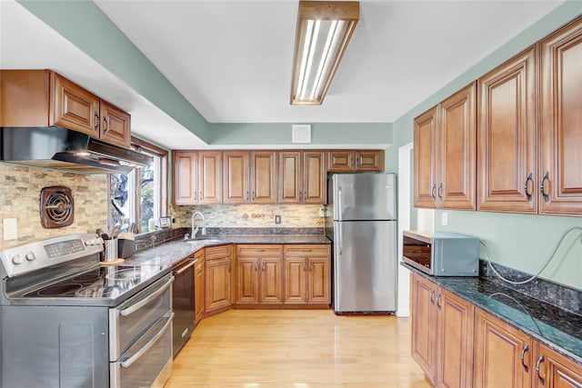 kitchen with brown cabinets, light wood finished floors, appliances with stainless steel finishes, a sink, and under cabinet range hood