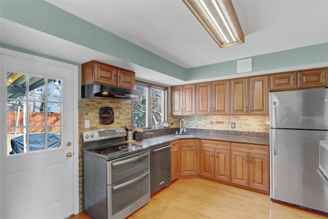 kitchen featuring light wood-style flooring, under cabinet range hood, a sink, appliances with stainless steel finishes, and backsplash