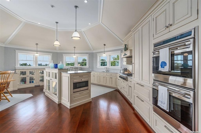 kitchen featuring appliances with stainless steel finishes, decorative light fixtures, crown molding, and dark wood-type flooring