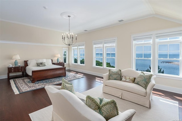 bedroom featuring a water view, baseboards, a chandelier, and dark wood-type flooring