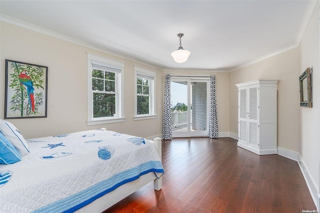 bedroom with baseboards, dark wood finished floors, access to exterior, and crown molding