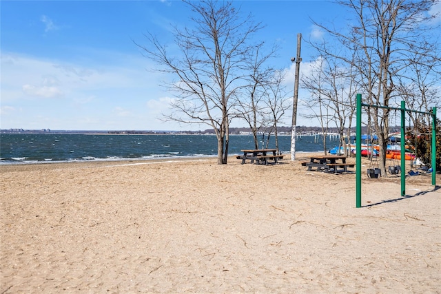 exterior space featuring a view of the beach