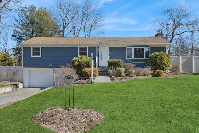 ranch-style house featuring a garage, fence, driveway, a chimney, and a front yard