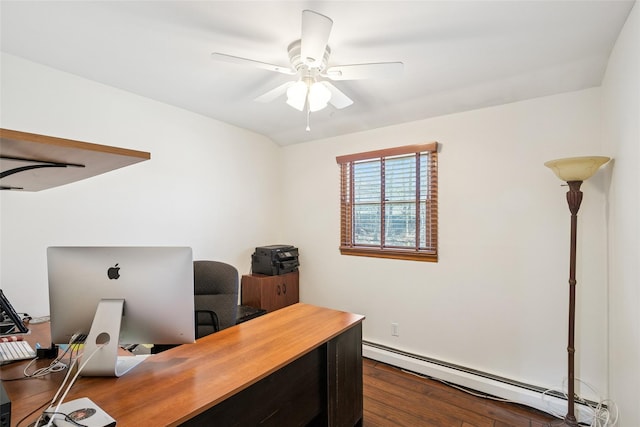 office area with a baseboard heating unit, dark wood-type flooring, and a ceiling fan