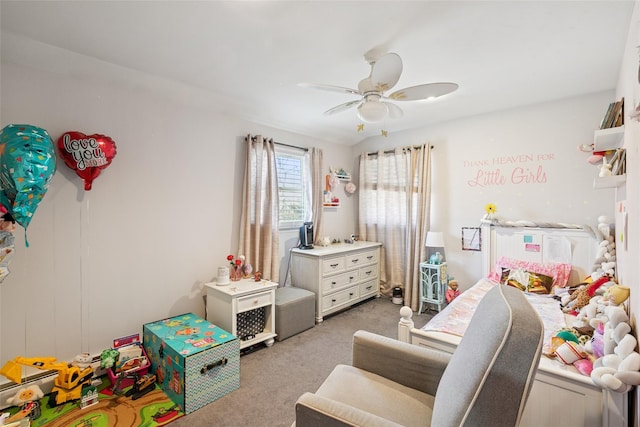 bedroom with carpet floors and a ceiling fan