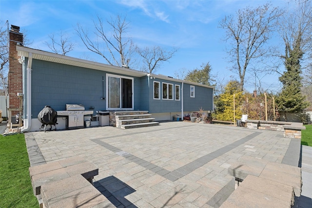 rear view of property with entry steps, a patio area, a chimney, and exterior kitchen