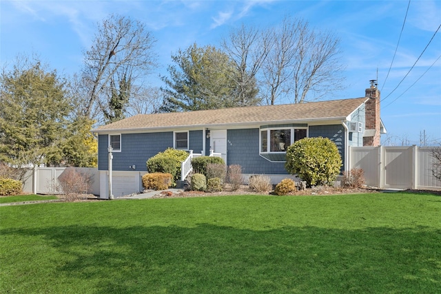 ranch-style house with a gate, fence, a chimney, and a front lawn