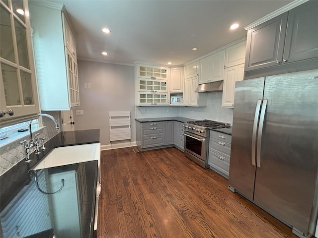 kitchen with tasteful backsplash, dark wood-style flooring, gray cabinets, stainless steel appliances, and under cabinet range hood