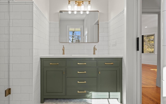 bathroom with double vanity, plenty of natural light, a sink, and wood finished floors