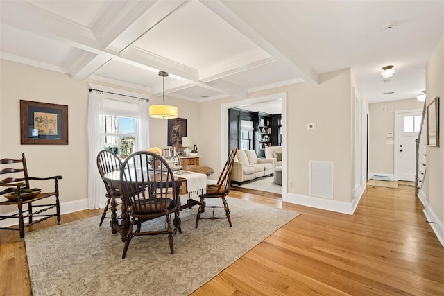 dining room with visible vents, beamed ceiling, light wood-style flooring, and baseboards